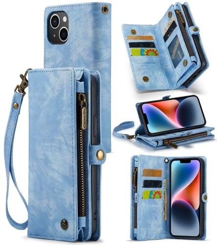 Zttopo for iPhone 14 Wallt Case, 2 in 1 iPhone 14 Case Wallet with Premium Leather Zipper Lanyard Card Holder, Durable Wristlet Flip Case Money Pocket Cover 6.1 inch, Sky Blue