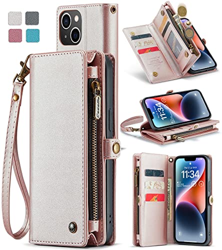 asapdos iPhone 14 Case Wallet,Retro Suede PU Leather Strap Wristlet Flip Case with Magnetic Closure,Card Holder and Kickstand for Men Women(Rose Gold)