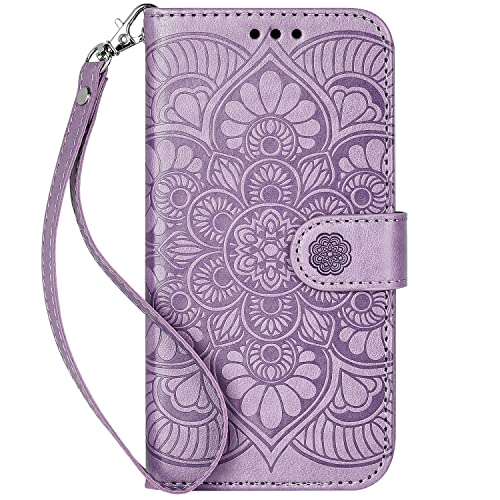 Ateeky iPhone 14 Case with Card Holder, Embossed Mandala Pattern PU Leather Shockproof Protective Wallet Cover for iPhone 14 (Light Purple)