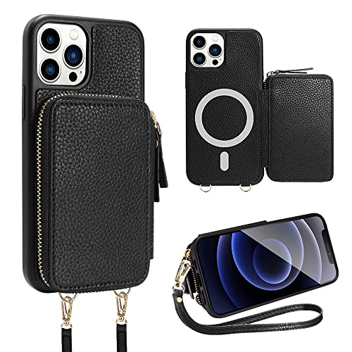 ZVE iPhone 14 Pro Max Magsafe Crossbody Wallet Case, Magnetic Phone Case with RFID Blocking Card Holder Wrist Strap for Women, Zipper Leather Cover for iPhone 14 Pro Max, 6.7"-Black