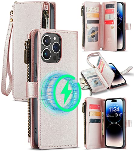 FLIPALM Wallet Case for iPhone 14 Pro Max(6.7") Flip Case,Compatible with MagSafe Charger,PU Leather Zipper Protective Lanyard Strap Wristlet Case with Magnetic Closure and Card Holder Gold