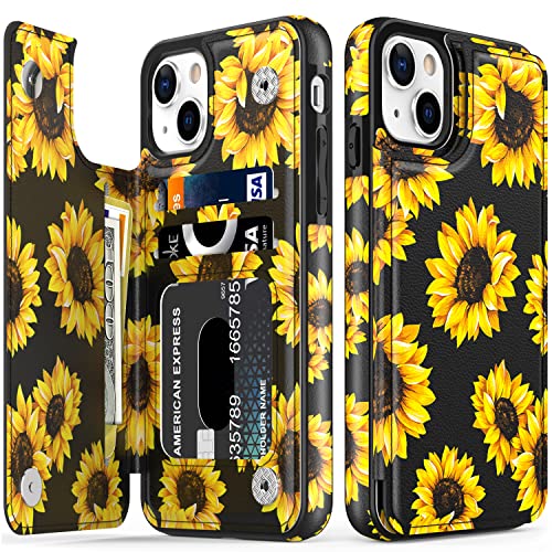LETO iPhone 14 Plus Case,Flip Folio Leather Wallet Case Cover with Fashion Flower Designs for Girls Women,3 Card Slots Kickstand Protective Phone Case for iPhone 14 Plus 6.7" Blooming Sunflowers