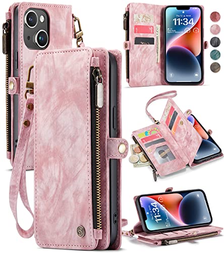 Defencase for iPhone 14 Plus Case, iPhone 14 Plus Case Wallet for Women Men, Durable PU Leather Magnetic Buckle Flip Strap Zipper Card Holder Wallet Phone Cases for iPhone 14 Plus [6.7"], Pink