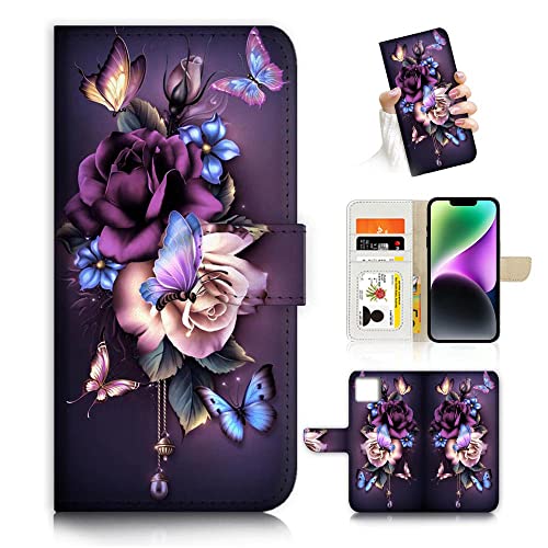 AJOURTEK for iPhone 14 Plus, Art Designed Flip Wallet Style Cover Case Fancy Flower Full Body Protection AD003 (#24886 Purple Rose Flower)
