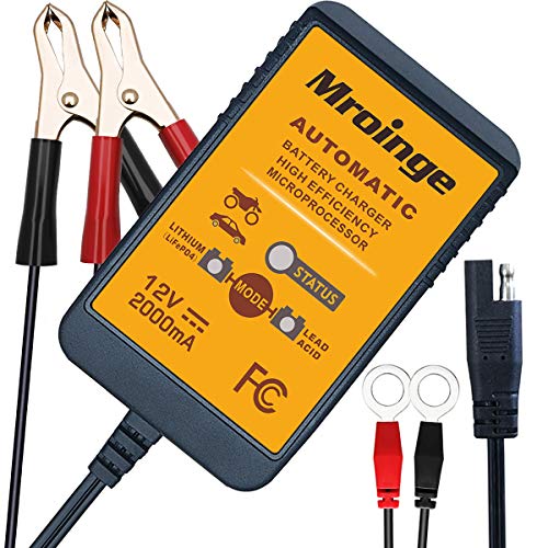 Mroinge 12V 2A Lead Acid & Lithium(LiFePO4) Automatic Trickle Battery Charger Smart Battery Maintainer for Car Motorcycle Lawn Mower Boat ATV SLA AGM Gel Cell Lithium(LiFePO4) and More Batteries