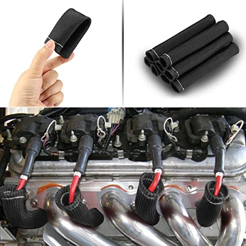 Spark Plug Wire Boots Heat Shield Protector Sleeve 2500 Degree Spark Plug Heat Cover Wrap 6 Inch for SBC BBC 350 454 8PCS(Black)