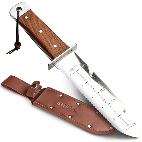 SHALL Hori Hori Garden Knife, Rosewood Handle Gardening Tool with Leather Sheath & Hide Rope, 7 Stainless Steel Blade with Cutting Edge for Rope, Full-Tang, for Digging, Weeding, Planting
