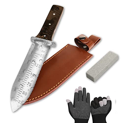 ZSTea Hori Hori Garden Knife with Leather Sheat-12'' Gardening Hand Tools knife with Walnut Handle,Stainless Steel weeder knife soil knife for Weeding, Digging, Planting,Cutting,Gardening Gifts