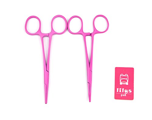 LILYS PET Pet Colourful Stainless Steel Hemostat Hemostatic Forcep,Pet Ear Hair Pull Forcep,Bend head and Straight head kit (Pink, 14cm)