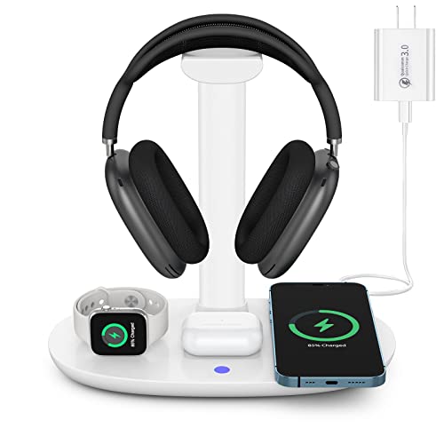Headphone Stand with 15w Wireless Charger, Suguder 4 in 1 Qi Charging Station Headset Holder for AirPods Max/Pro/2 iWatch 8/7/6/5/4/3/2/1/SE iPhone 14/13/12/11/XS/XR/X/8 Series for Desktop Table Game