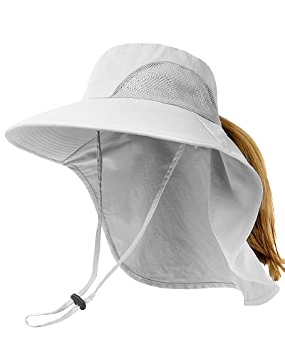 Sun Hats for Women UPF 50+ UV Protection Hiking Gardening Hat Wide Brim with Large Neck Flap Ponytail Fishing Waterproof