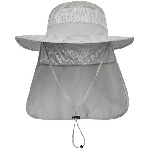 LCZTN Mens UPF 50+ Sun Protection Safari Cap Wide Brim Fishing Hiking Hat with Neck Flap for Garden Work (Light Grey)