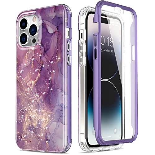 Esdot iPhone 14 Pro Case with Built-in Screen Protector,Rugged Cover with Fashionable Designs for Women Girls,Protective Phone Case for Apple iPhone 14 Pro 6.1" Glitter Purple Marble