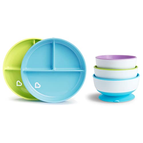 Munchkin Stay Put Bowls and Divided Plates, 5 Pack, Blue/Green/Purple