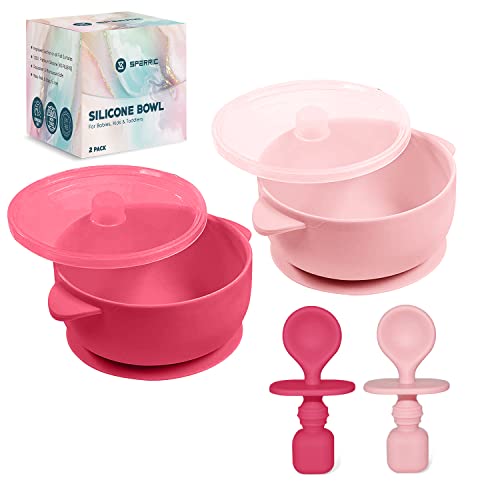 Sperric Silicone Suction Baby Bowl with Lid - BPA Free - 100% Food Grade Silicone - Infant Babies and Toddler Self Feeding (light/Dark Pink)