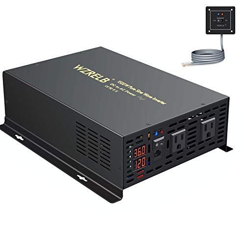 WZRELB Power Inverter Pure Sine Wave 1500Watt 36V DC to 110V 120V with Remote Control Dual AC Outlets for RV Car Solar System