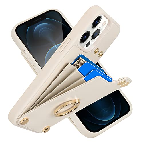 LAMEEKU Wallet Case Compatible with iPhone 12 Pro Max, Leather Case with Card Holder, 360Rotation Ring Kickstand, RFID Blocking Protective Case Designed for Apple iPhone 12 Pro Max 6.7'' Beige