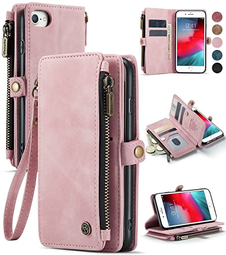 Defencase iPhone 8/7/SE 2020/SE 2022 Case, iPhone SE 2022 Wallet Case for Women Men, Durable Leather Flip Strap Wristlet Zipper Card Holder Phone Case for iPhone SE 3rd Generation 2022 2020, Rose Pink