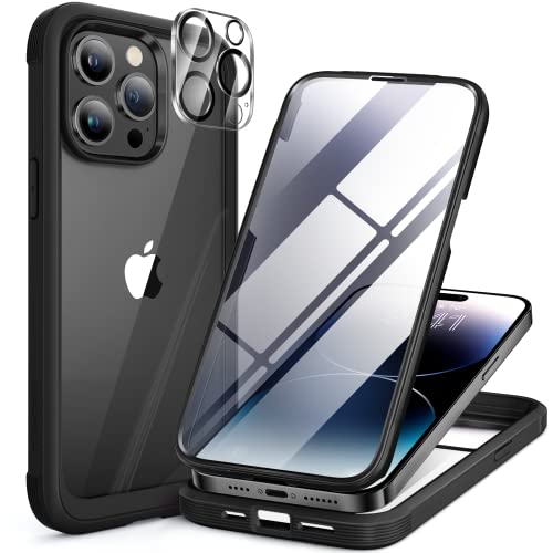 Miracase Glass Series for iPhone 14 Pro Case 6.1 Inch, 2023 Full-Body Clear Bumper Case with Built-in 9H Tempered Glass Screen Protector, with Camera Lens Protector, Black