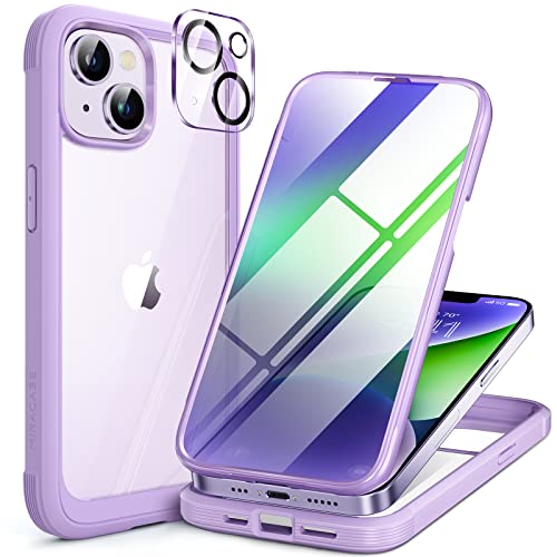 Miracase Glass Series Designed for iPhone 14 Case 6.1 inch, 2023 Upgrade Full-Body Clear Bumper Case with Built-in 9H Tempered Glass Screen Protector and Camera Lens Protector,Purple