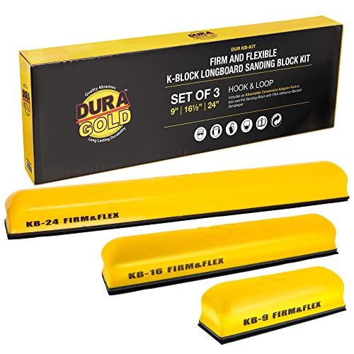 Dura-Gold Pro Series K-Block Sander Firm & Flex Hand Sanding Block Kit, 9", 16" and 24" with Hook & Loop Backing and PSA Sandpaper Conversion Adapter Pad, Automotive Marine Paint Prep Sand Woodworking