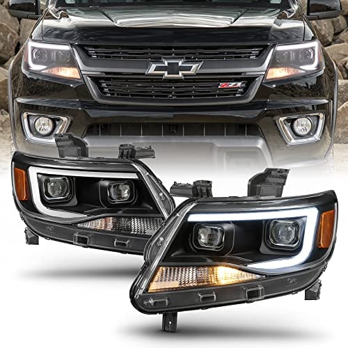 ACANII - For Black 2015-2019 Chevy Colorado LED Tube DRL Dual Projector Headlights Headlamps Driver + Passenger Side