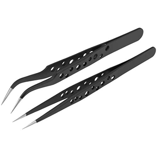 uxcell 9-Hole Anti-Static Tweezer Set of 2 Pcs, Stainless Steel Non-magnetic Curved and Straight Pointed Tip for Craft Jewelry Electronics