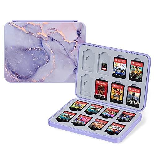 CaseBot Game Card Case for Nintendo Switch/Switch OLED/Switch Lite, [Shockproof] Hard Shell Protective and Durable Card Storage Holder Box with 16 Slots Card & 16 Slots Micro SD Card, Lilac Marble