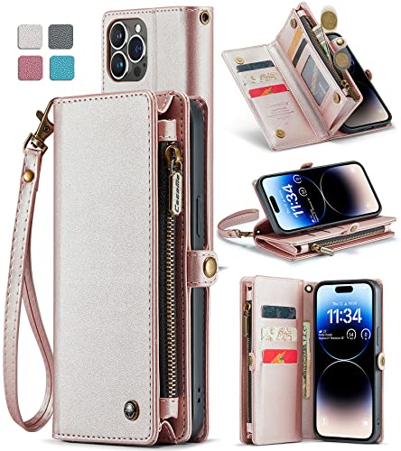 asapdos iPhone 14 Pro Case Wallet,Retro Suede PU Leather Strap Wristlet Flip Case with Magnetic Closure,Card Holder and Kickstand for Men Women(Rose Gold)