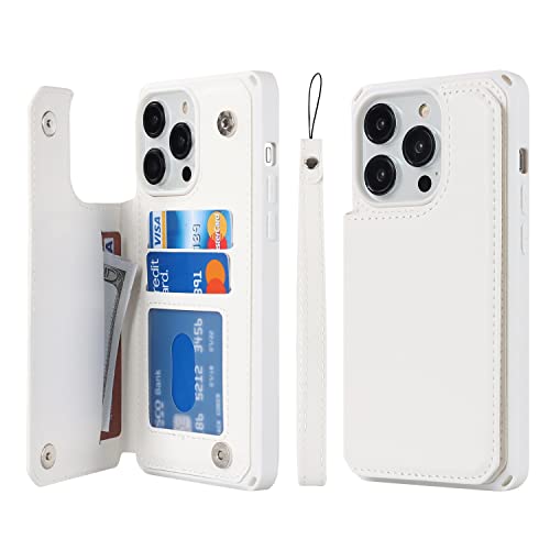 Cavor for iPhone 14 Pro Case Wallet with Card Holder Case [3 Card Slots] [with Lanyard] PU Leather Flip Shockproof Cover for Women and Men - White