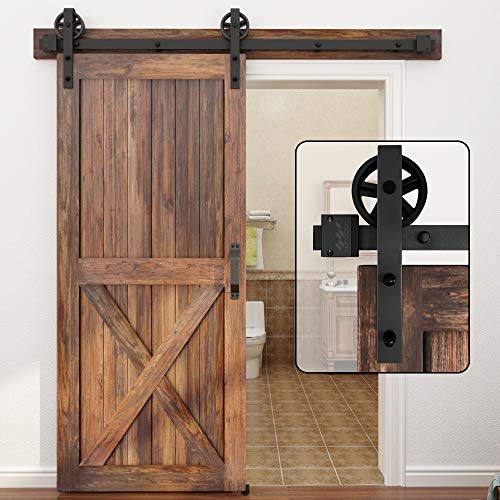 WINSOON 5-16FT Single Wood Sliding Barn Door Hardware Basic Black Big Spoke Wheel Roller Kit Garage Closet Carbon Steel Flat Track System (11FT)