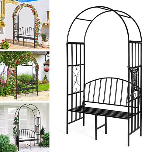 Garden Arch with Bench Heavy Duty (Holds 660lbs-250kg) | Metal Garden Arch Arbor Archway for Climbing Plant & Two People Seat Bench |Outdoor Garden Lawn Backyard Decor 81 x 45.3 x 20 in - Black