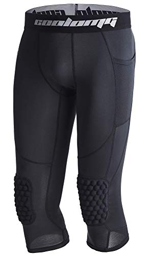 COOLOMG Basketball Pants with Knee Pads Kids 3/4 Compression Tights Black M