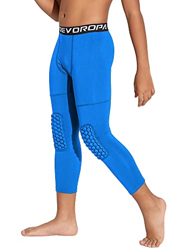 DEVOROPA Youth Boys' Compression Pants with Knee Pads 3/4 Basketball Athletic Tights Quick Dry Sports Workout Leggings Royal L