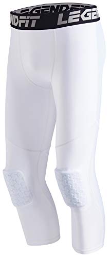 Legendfit Men's Basketball Pants with Knee Pads 3/4 Capri Padded Compression Tights Leggings Sports Protector Gear White