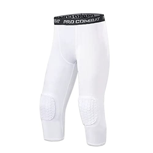 SS COLOR FISH Mens Basketball Leggings with Knee Pads 3/4 Compression Tights Pants Sports Athletic Baselayer White