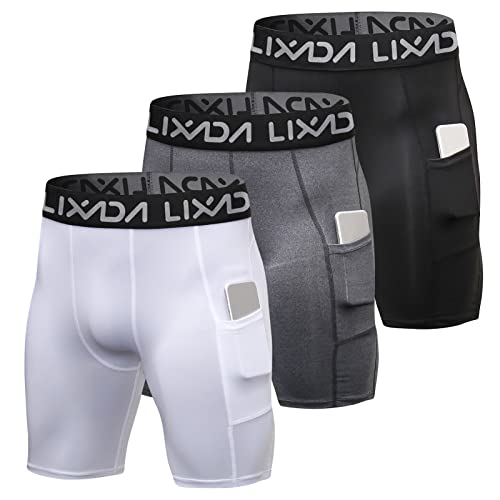 Lixada Men's 3 Pack Performance Elastic Shorts Active Workout Underwear with Pockets(Two Sides) for Phone - Base Layer Tights, Short Leggings