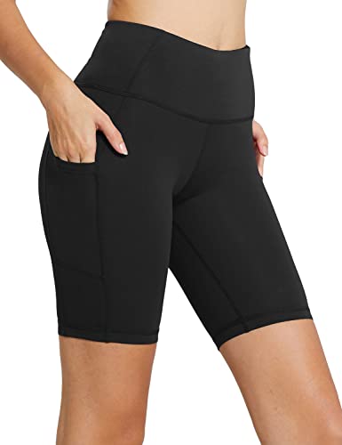 BALEAF Women's Biker Shorts High Waist Yoga Running Workout Gym Spandex Compression Tummy Control Summer Pockets 8" Black L