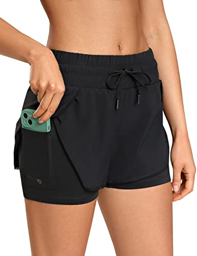 CRZ YOGA Women's Mid Waisted Workout Running Shorts with Liner 3'' - 2 in 1 Athletic Sport Tennis Gym Shorts Zip Pocket Black Medium