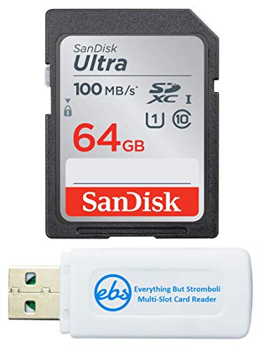 SanDisk 64GB SD Ultra Memory Card SDXC for Sony Cybershot Black/Silver 20.1 MP, DSCW800 Digital Camera (SDSDUNR-064G-GN6IN) Bundle with (1) Everything But Stromboli Memory Card Reader