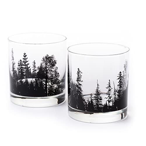 Black Lantern Whiskey Glasses  Cocktail Glasses and Glassware Sets, Old Fashioned Rocks Glass for Bourbon, Scotch, Whiskey, Forest Landscape Design, Set of 2 Glasses