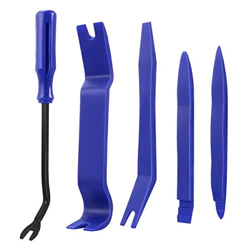 Trim Removal Tool for Auto, 5 Pcs Car Pry Tool Kit, Clip Fastener Remover Set for Panel Door Window, Plastic Installer for Vehicle Dashboard Radio Audio, Car Interior Removal Tools (Blue)