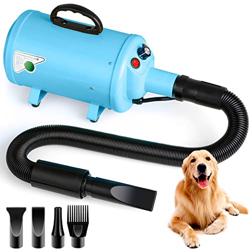 Dog Hair Dryer, 3.8HP 2800W Pet Grooming Blower for Large Dogs Hair Force Blaster with Heat, Stepless Speed Adjustable Strong Power Wind, Blue