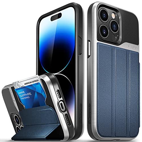 VENA vCommute Wallet Case Compatible with Apple iPhone 14 Pro Max (6.7"-inch), (Military Grade Drop Protection) Flip Leather Cover Card Slot Holder with Kickstand - Blue