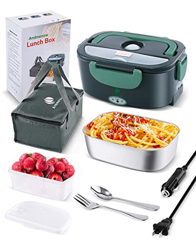 Andmenow 80W Faster Electric Lunch Box[2023 Update], Home Office Truck Car Food Warmer, Portable Food Heater with 304 Stainless Steel Container, Spoon & Fork and Carry Bag (GreyGreen)