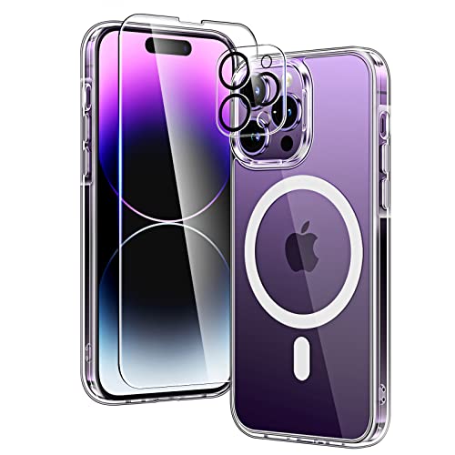 TAURI [5 in 1 Magnetic Case for iPhone 14 Pro [Military Grade Drop Protection] with 2X Screen Protector +2X Camera Lens Protector, Transparent Slim Fit Compatible with Magsafe Case-Clear