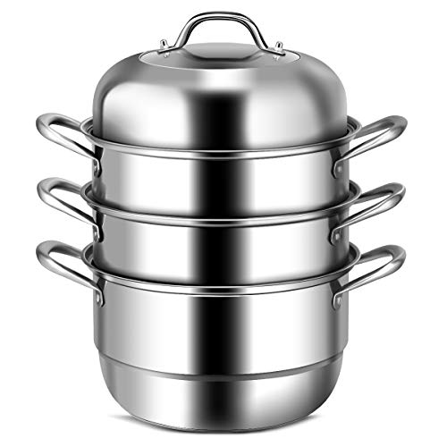 COSTWAY 3-Tier Stainless Steel Steamer, 11'' Multi-Layer Cookware Pot with Handles on Both Sides, with Tempered Glass Lid, Work with Gas, Grill Stove Top, Dishwasher Safe, Includes 2 Steaming Septa
