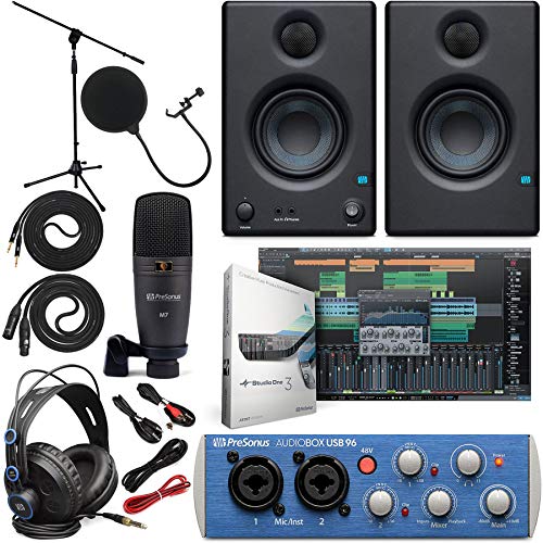 Presonus AudioBox 96 Audio Interface (May Vary Blue or Black) Full Studio Bundle with Studio One Artist Software Pack w/Eris 3.5 Pair Studio Monitors and 1/4 TRS to TRS Instrument Cable