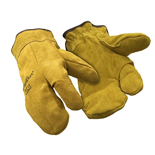 RefrigiWear Sherpa Lined Three Finger Split Cowhide Leather Mitten Gloves (Gold, X-Large)