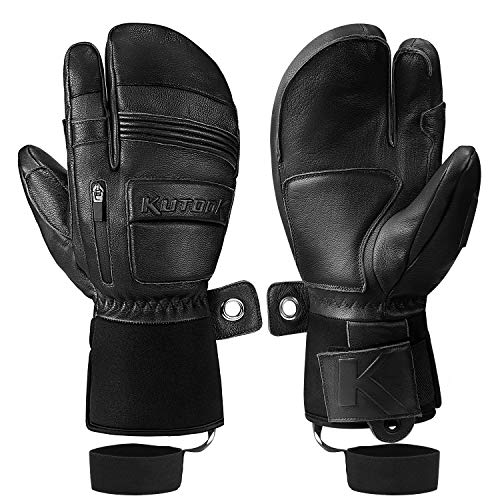 KUTOOK Winter Three Fingers Ski Mittens Genuine Leather Thermal 3M Thinsulate Waterproof Snowboarding Gloves with Pocket Black Medium